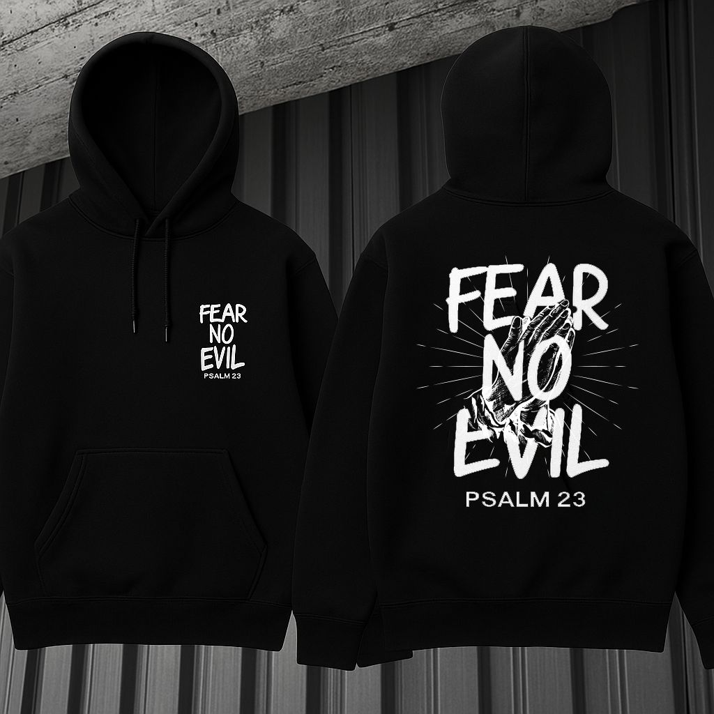 Black hoodies with 'Fear No Evil' text on front and back, against a neutral background